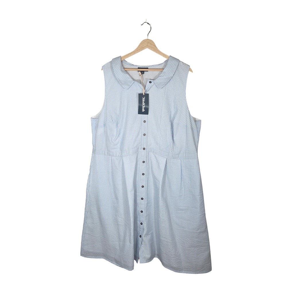 ModCloth Seersucker Shirt Dress Womens 24 Blue Stripe Cotton Lined Button Front